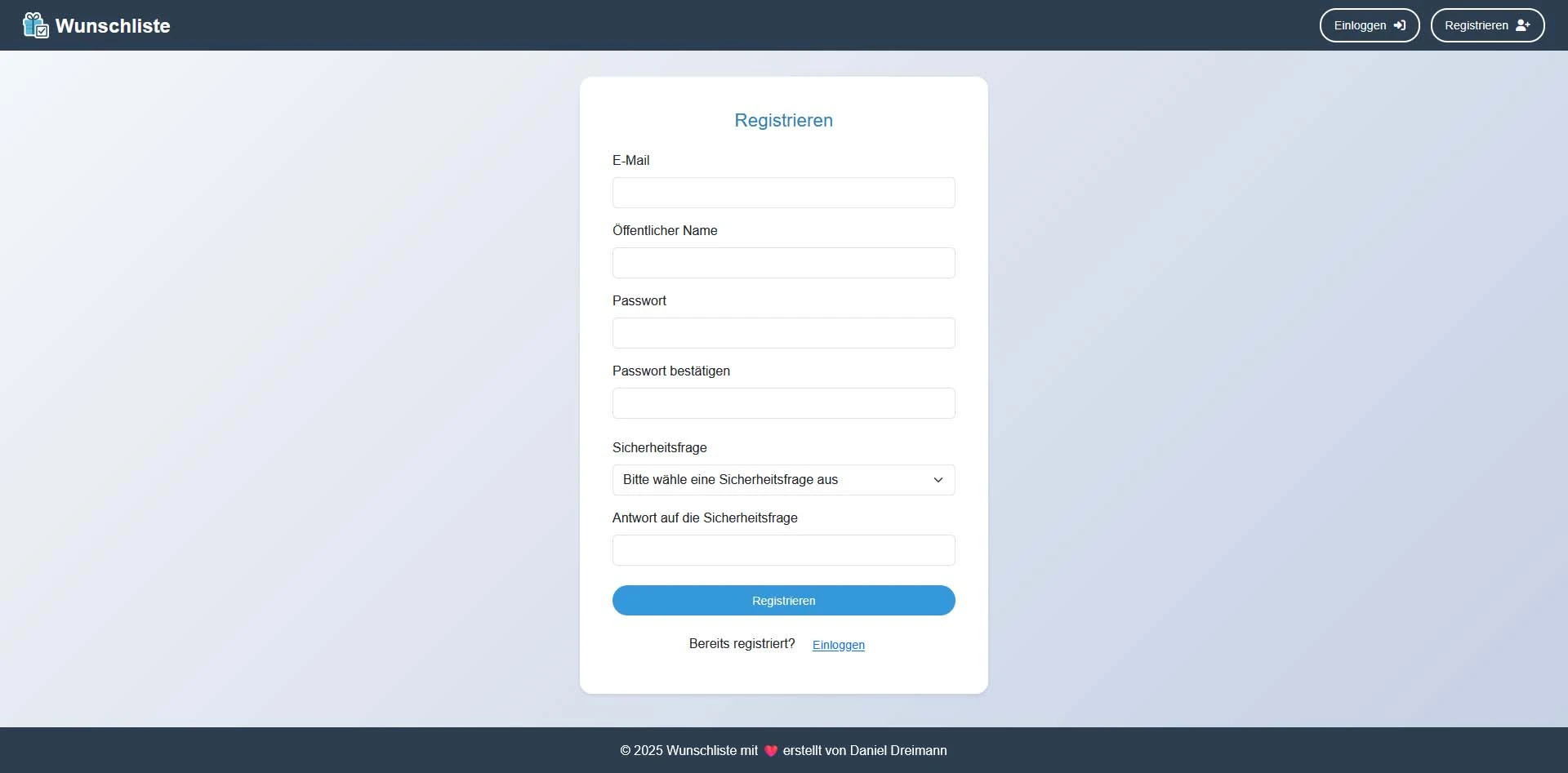 Wunschliste Registrierung