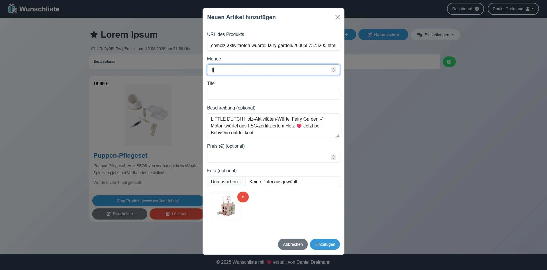 Wunschliste Artikel anlegen